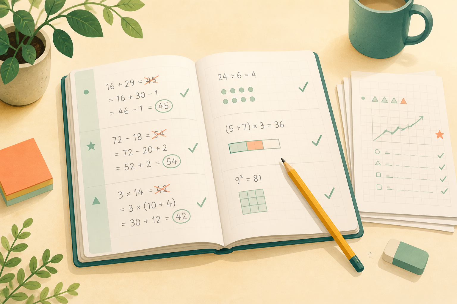 Open math workbook with practice problems, corrections, and a pencil