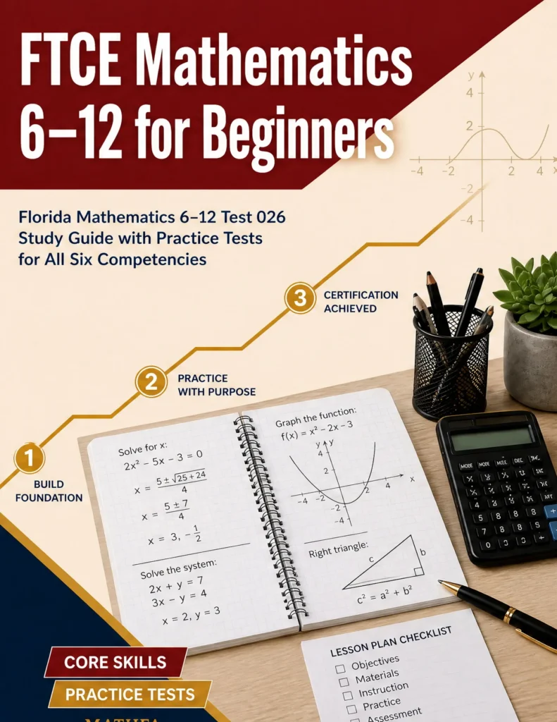 FTCE Mathematics 6-12 for Beginners — FTCE Mathematics 6-12 math study guide and practice tests book cover