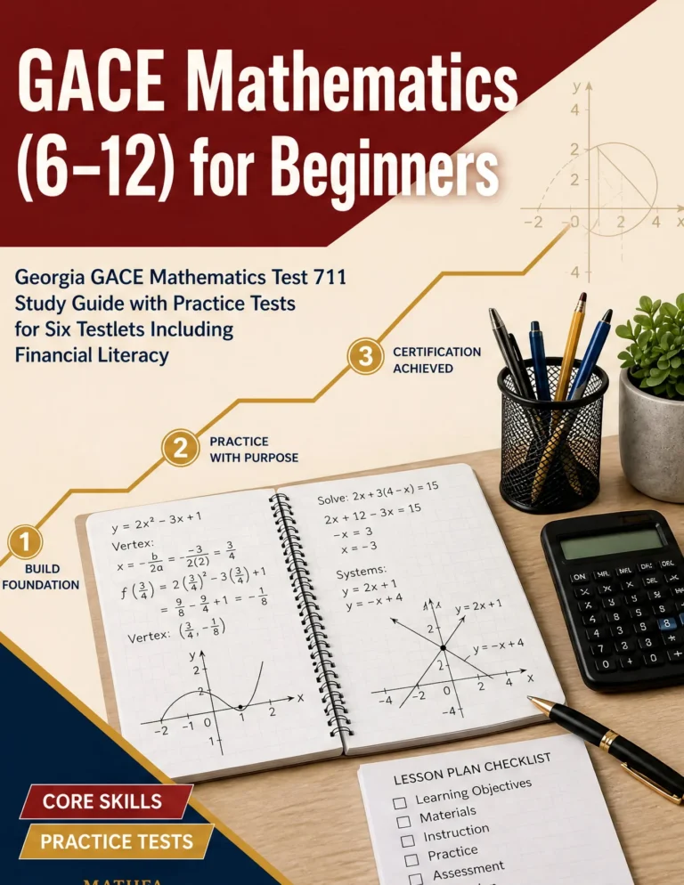 GACE Mathematics 6-12 for Beginners — GACE Mathematics 6-12 math study guide and practice tests book cover
