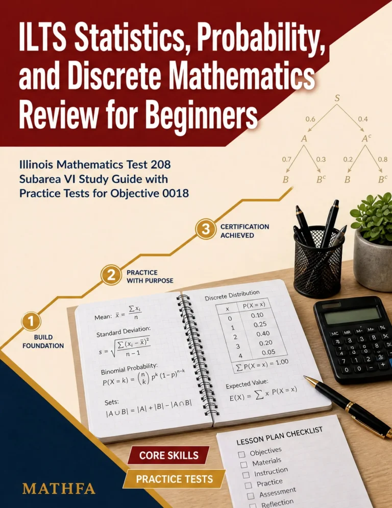 ILTS Statistics, Probability, and Discrete Mathematics Review for Beginners — ILTS Statistics, Probability, and Discrete Mathematics math study guide and practice tests book cover