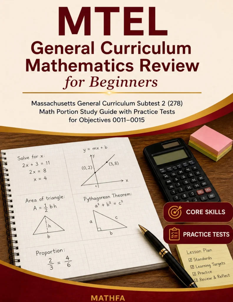 MTEL General Curriculum Mathematics Review for Beginners — MTEL General Curriculum Mathematics math study guide and practice tests book cover