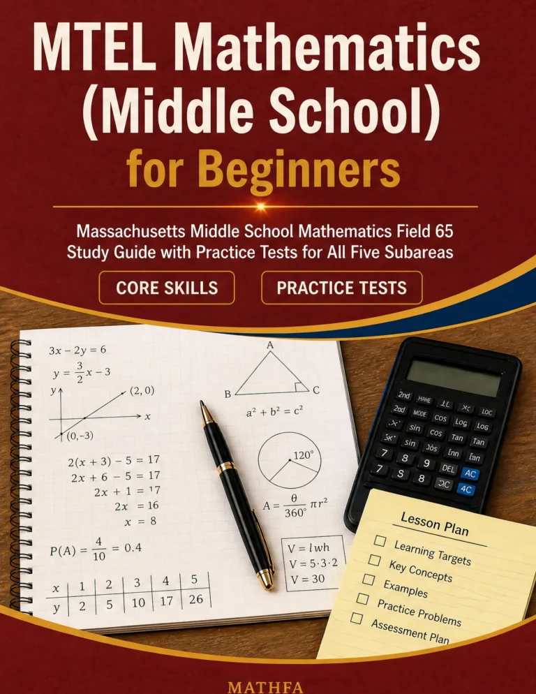 MTEL Mathematics Middle School for Beginners — MTEL Mathematics Middle School math study guide and practice tests book cover
