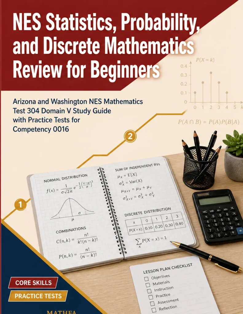 NES Statistics, Probability, and Discrete Mathematics Review for Beginners — NES Statistics, Probability, and Discrete Mathematics math study guide and practice tests book cover