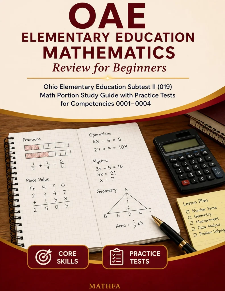 OAE Elementary Education Mathematics Review for Beginners — OAE Elementary Education Mathematics math study guide and practice tests book cover