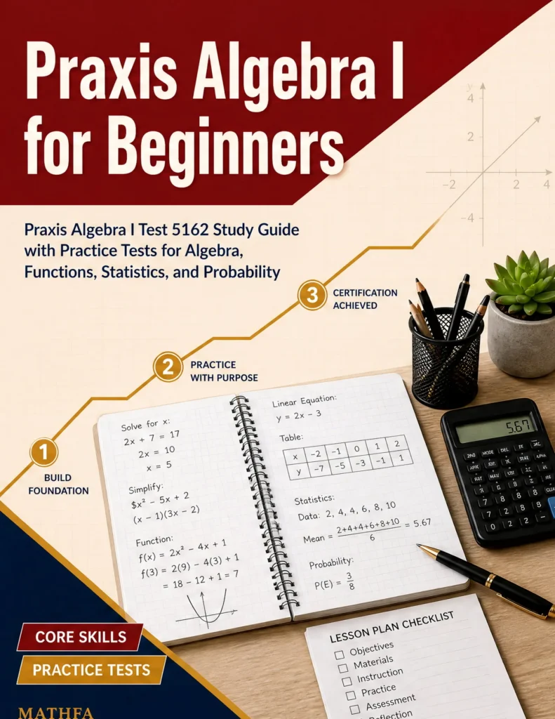 Praxis Algebra I for Beginners — Praxis Algebra I math study guide and practice tests book cover