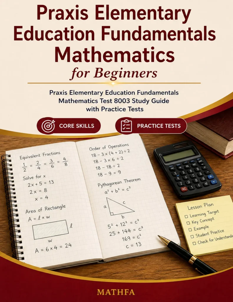 Praxis Elementary Education Fundamentals Mathematics for Beginners — Praxis Elementary Education Fundamentals Mathematics math study guide and practice tests book cover