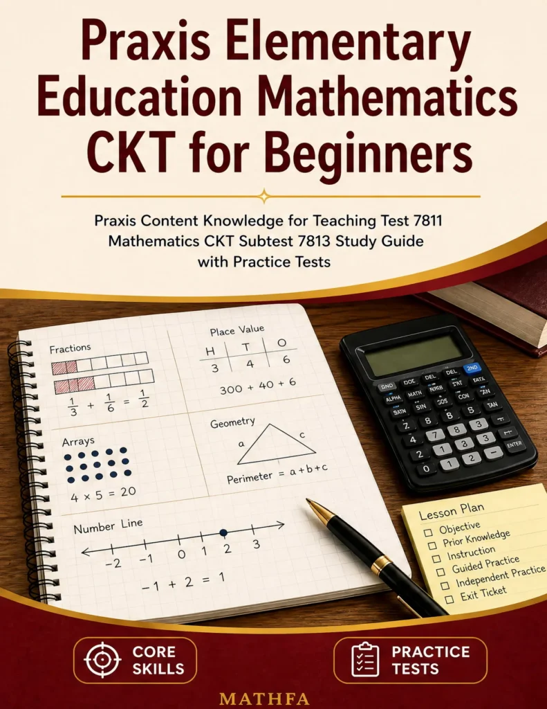 Praxis Elementary Education Mathematics CKT for Beginners — Praxis Elementary Education Mathematics CKT math study guide and practice tests book cover