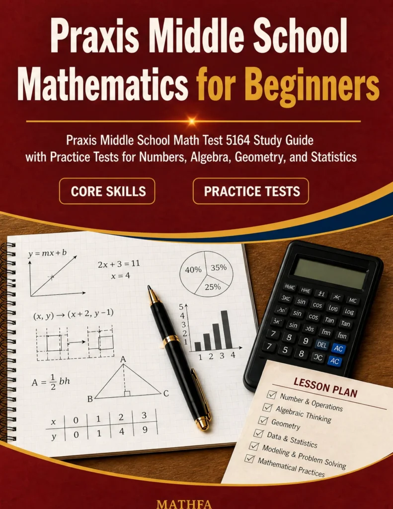 Praxis Middle School Mathematics for Beginners — Praxis Middle School Mathematics math study guide and practice tests book cover