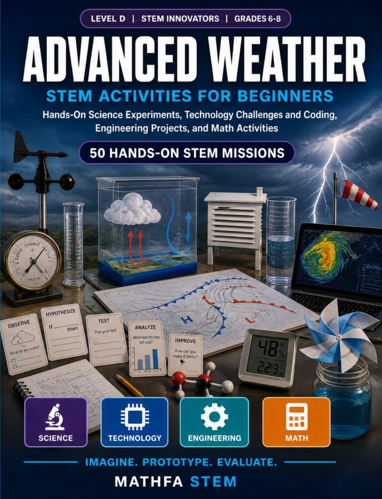 Advanced Weather STEM Activities for Beginners — book cover, Level D Innovators, Grades 6–8, 50 hands-on STEM missions