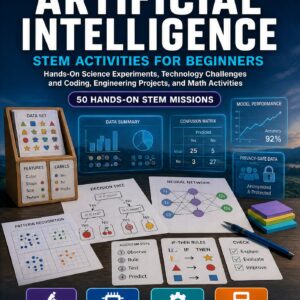 Artificial Intelligence STEM Activities for Beginners — book cover, Level D Innovators, Grades 6–8, 50 hands-on STEM missions