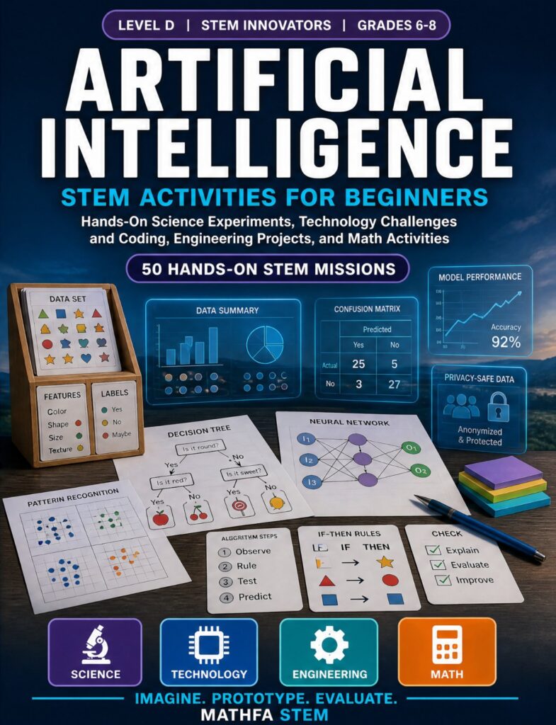 Artificial Intelligence STEM Activities for Beginners — book cover, Level D Innovators, Grades 6–8, 50 hands-on STEM missions