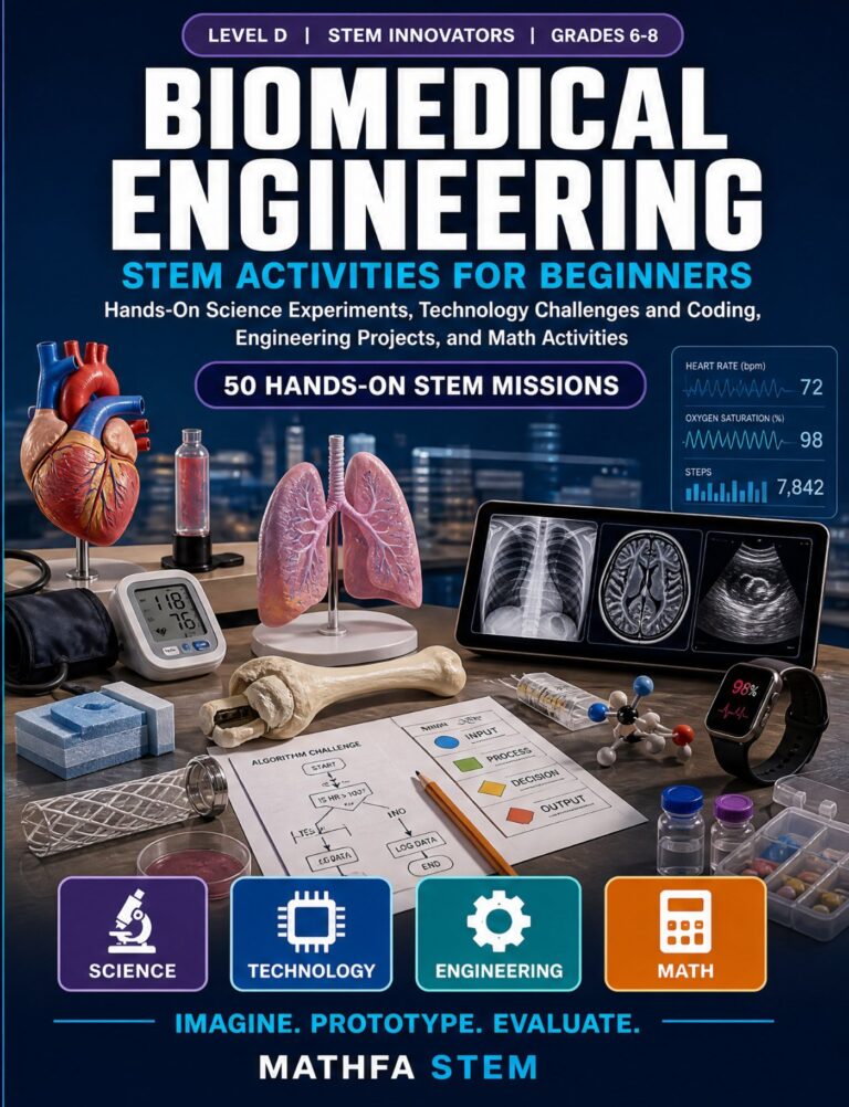 Biomedical Engineering STEM Activities for Beginners — book cover, Level D Innovators, Grades 6–8, 50 hands-on STEM missions