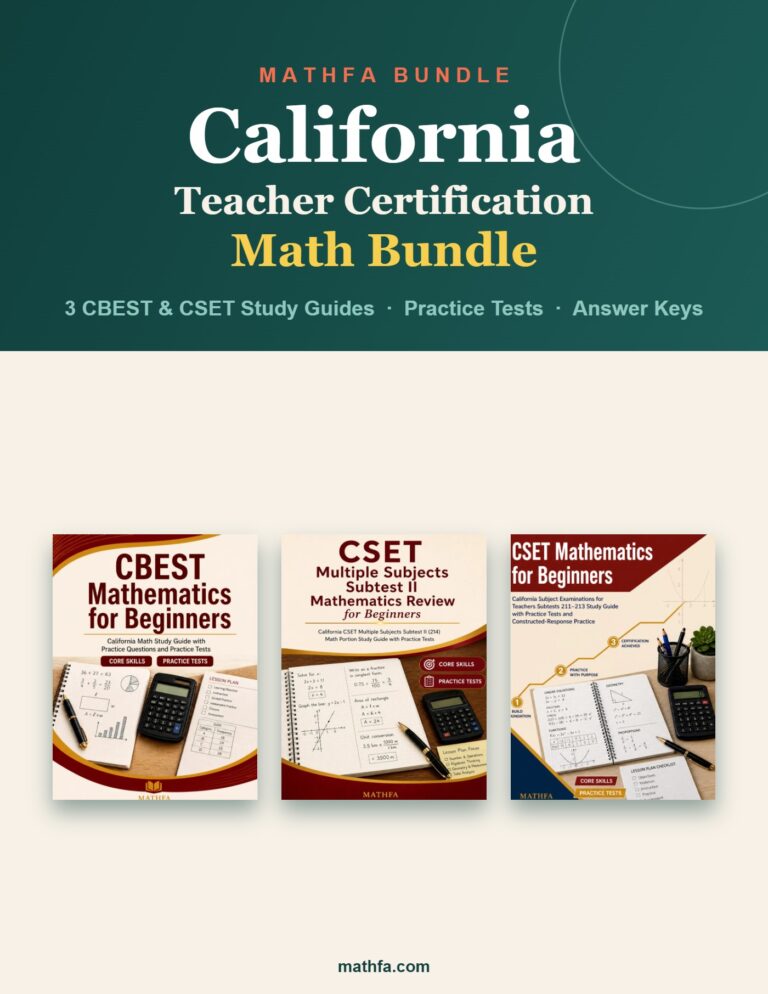 California Teacher Certification Math Bundle – 3 CBEST & CSET Study Guides & Practice Tests book cover