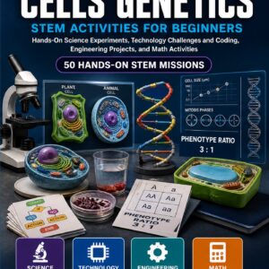 Cells Genetics STEM Activities for Beginners — book cover, Level D Innovators, Grades 6–8, 50 hands-on STEM missions