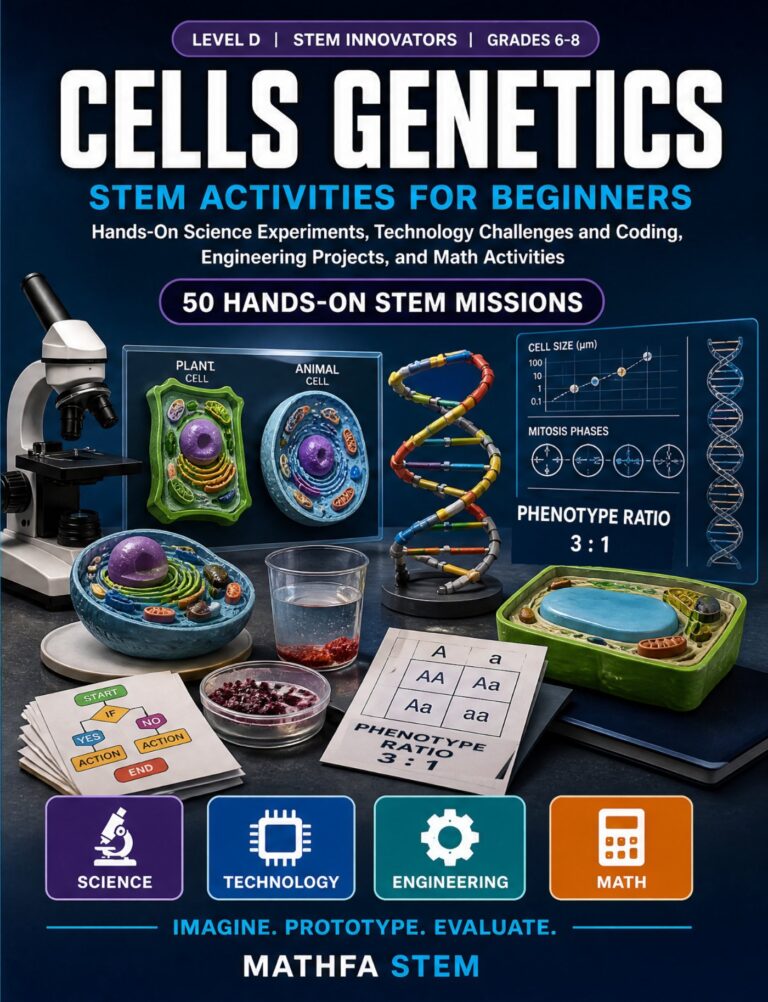Cells Genetics STEM Activities for Beginners — book cover, Level D Innovators, Grades 6–8, 50 hands-on STEM missions