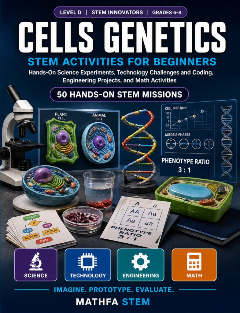 Cells Genetics STEM Activities for Beginners — book cover, Level D Innovators, Grades 6–8, 50 hands-on STEM missions