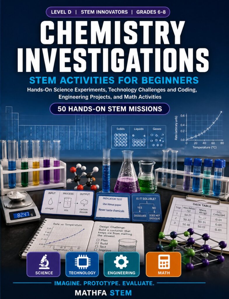 Chemistry Investigations STEM Activities for Beginners — book cover, Level D Innovators, Grades 6–8, 50 hands-on STEM missions