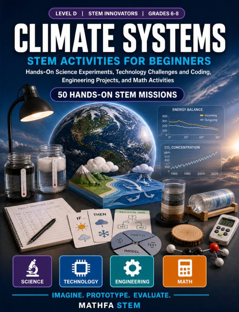 Climate Systems STEM Activities for Beginners — book cover, Level D Innovators, Grades 6–8, 50 hands-on STEM missions