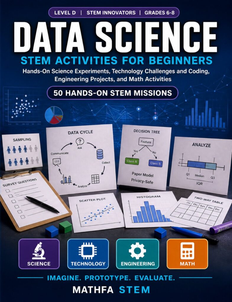 Data Science STEM Activities for Beginners — book cover, Level D Innovators, Grades 6–8, 50 hands-on STEM missions