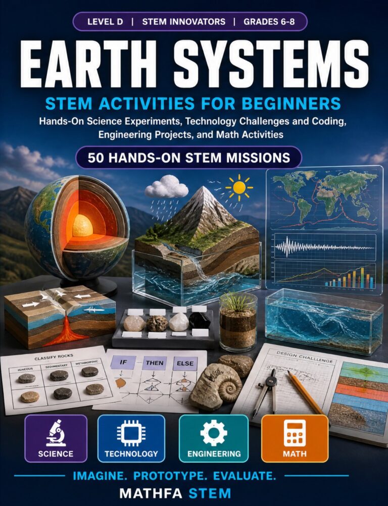 Earth Systems STEM Activities for Beginners — book cover, Level D Innovators, Grades 6–8, 50 hands-on STEM missions