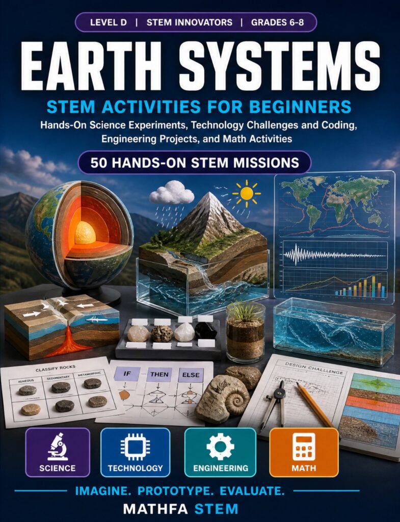 Earth Systems STEM Activities for Beginners — book cover, Level D Innovators, Grades 6–8, 50 hands-on STEM missions