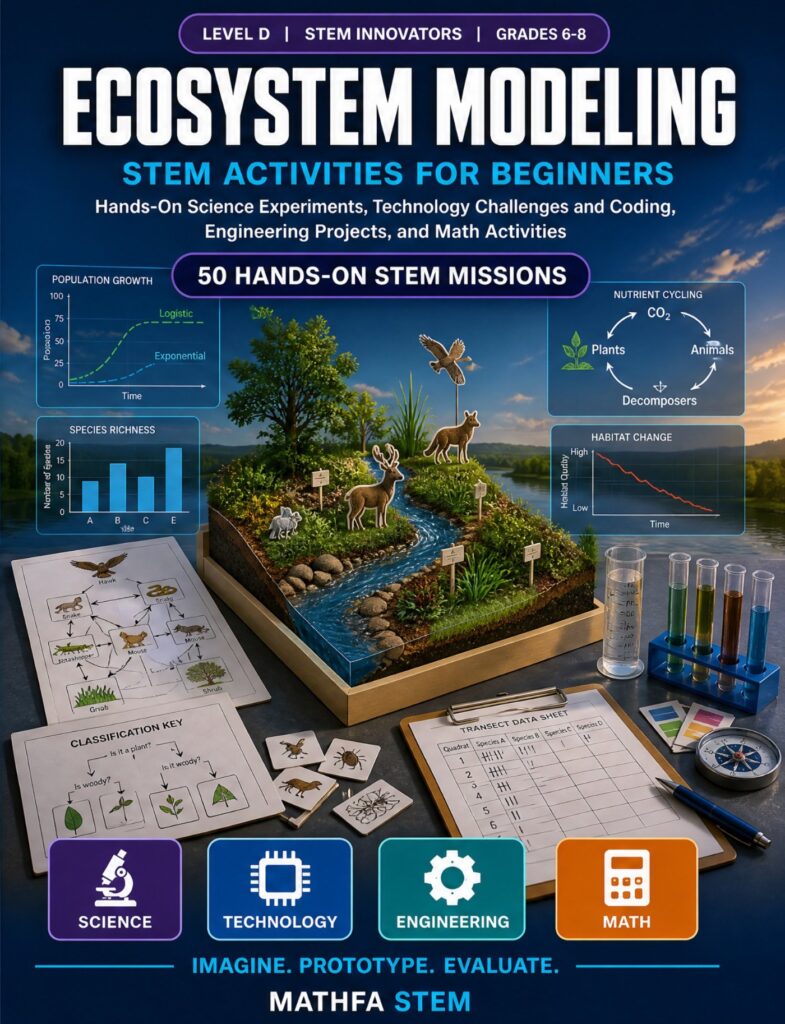 Ecosystem Modeling STEM Activities for Beginners — book cover, Level D Innovators, Grades 6–8, 50 hands-on STEM missions