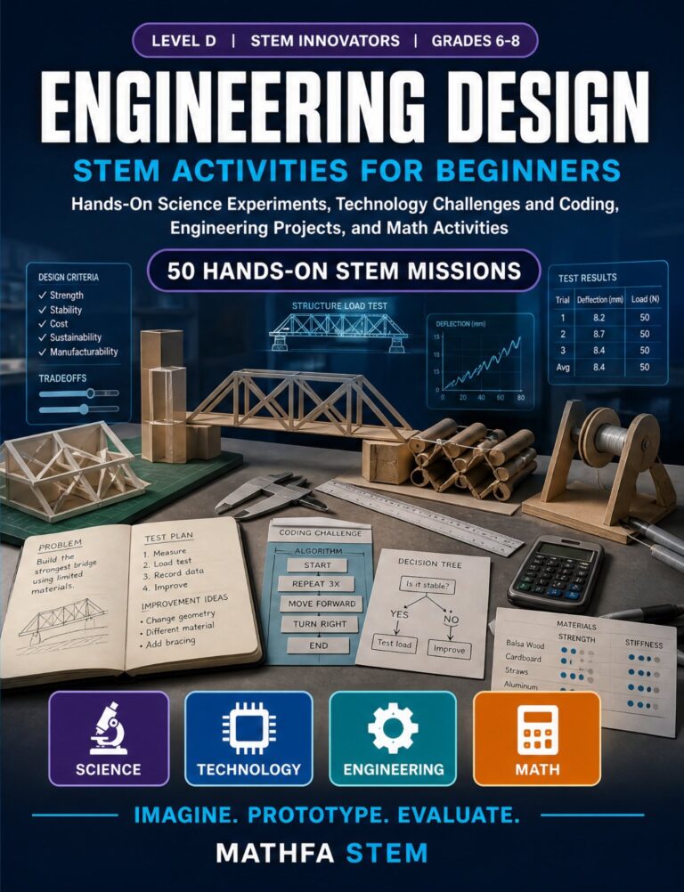 Engineering Design STEM Activities for Beginners — book cover, Level D Innovators, Grades 6–8, 50 hands-on STEM missions