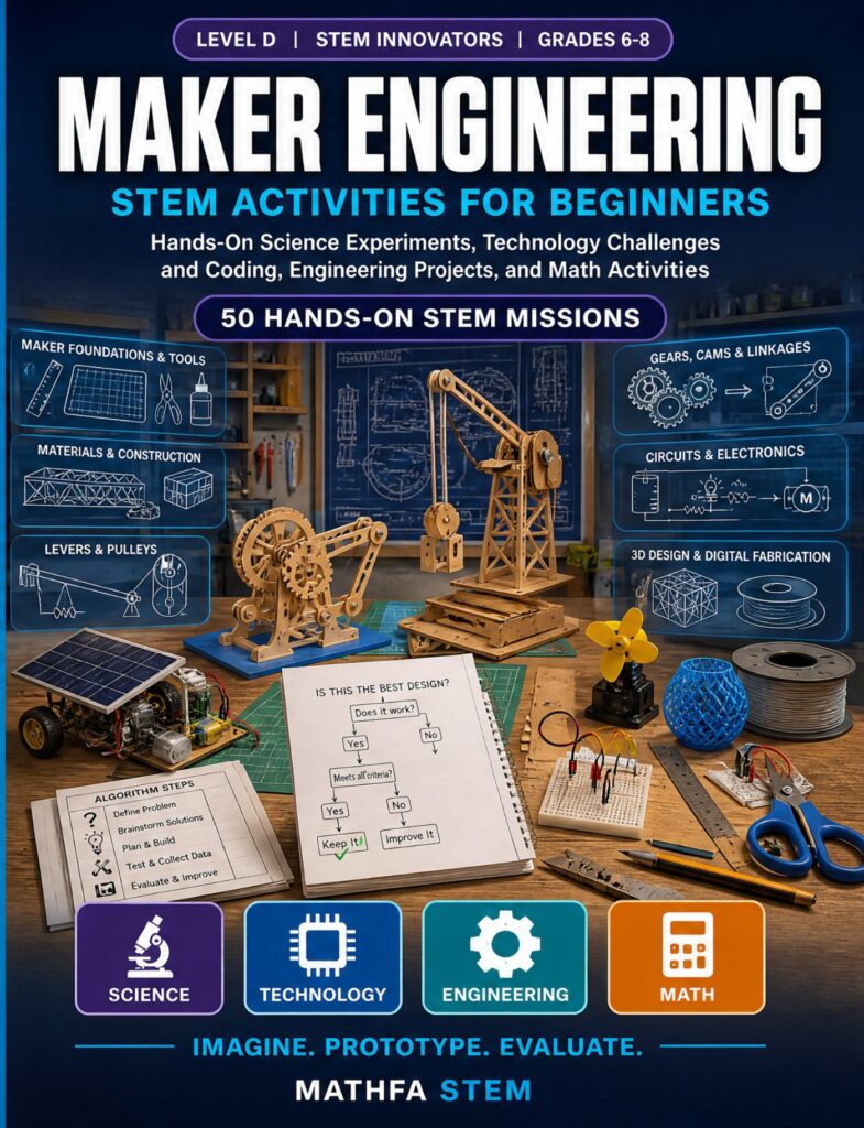 Maker Engineering STEM Activities for Beginners — book cover, Level D Innovators, Grades 6–8, 50 hands-on STEM missions