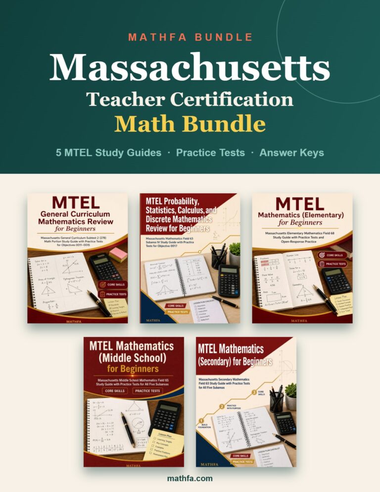 Massachusetts Teacher Certification Math Bundle – 5 MTEL Study Guides & Practice Tests book cover