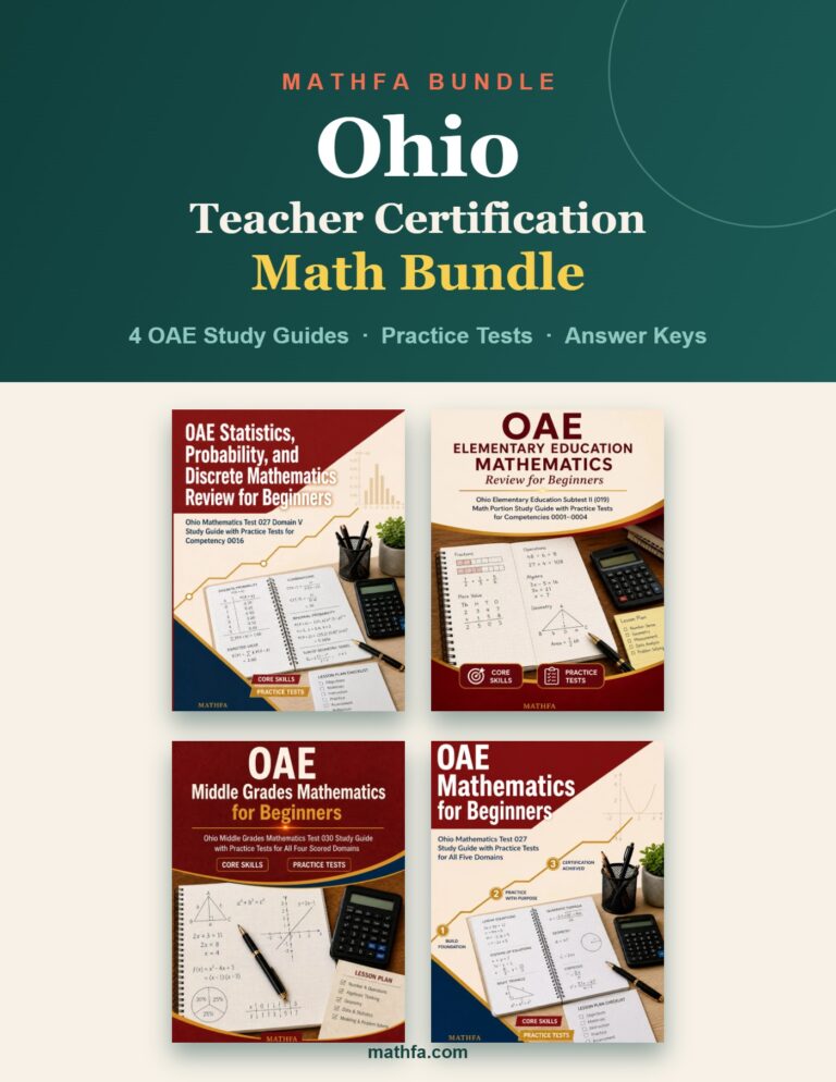 Ohio Teacher Certification Math Bundle – 4 OAE Study Guides & Practice Tests book cover