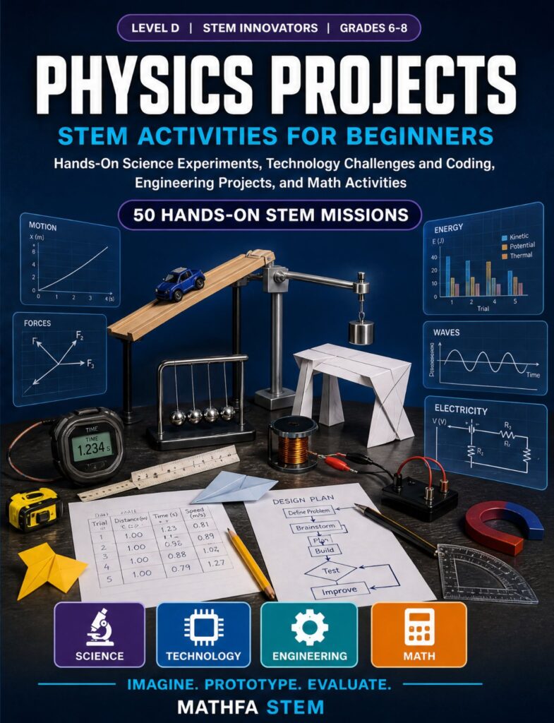 Physics Projects STEM Activities for Beginners — book cover, Level D Innovators, Grades 6–8, 50 hands-on STEM missions