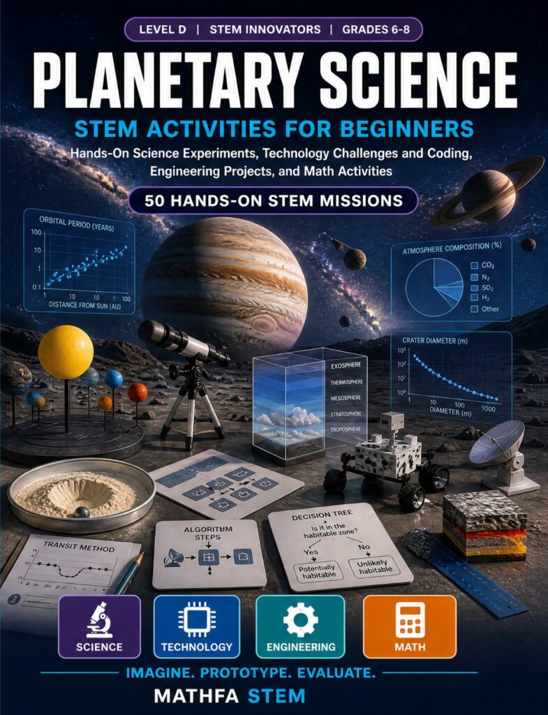 Planetary Science STEM Activities for Beginners — book cover, Level D Innovators, Grades 6–8, 50 hands-on STEM missions