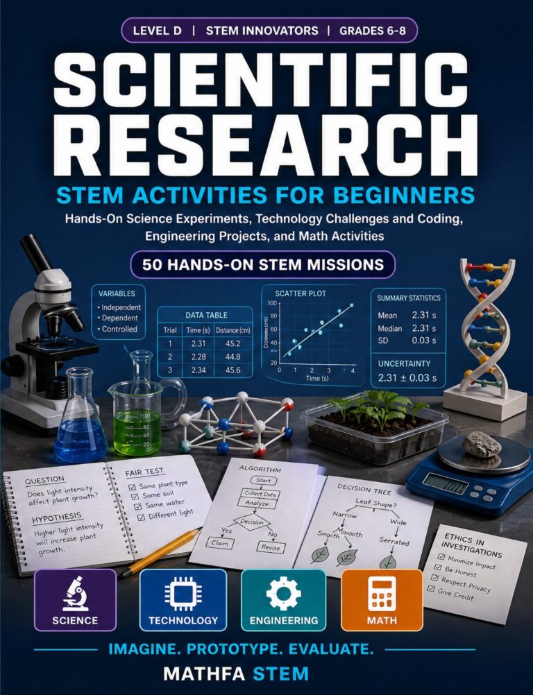 Scientific Research STEM Activities for Beginners — book cover, Level D Innovators, Grades 6–8, 50 hands-on STEM missions