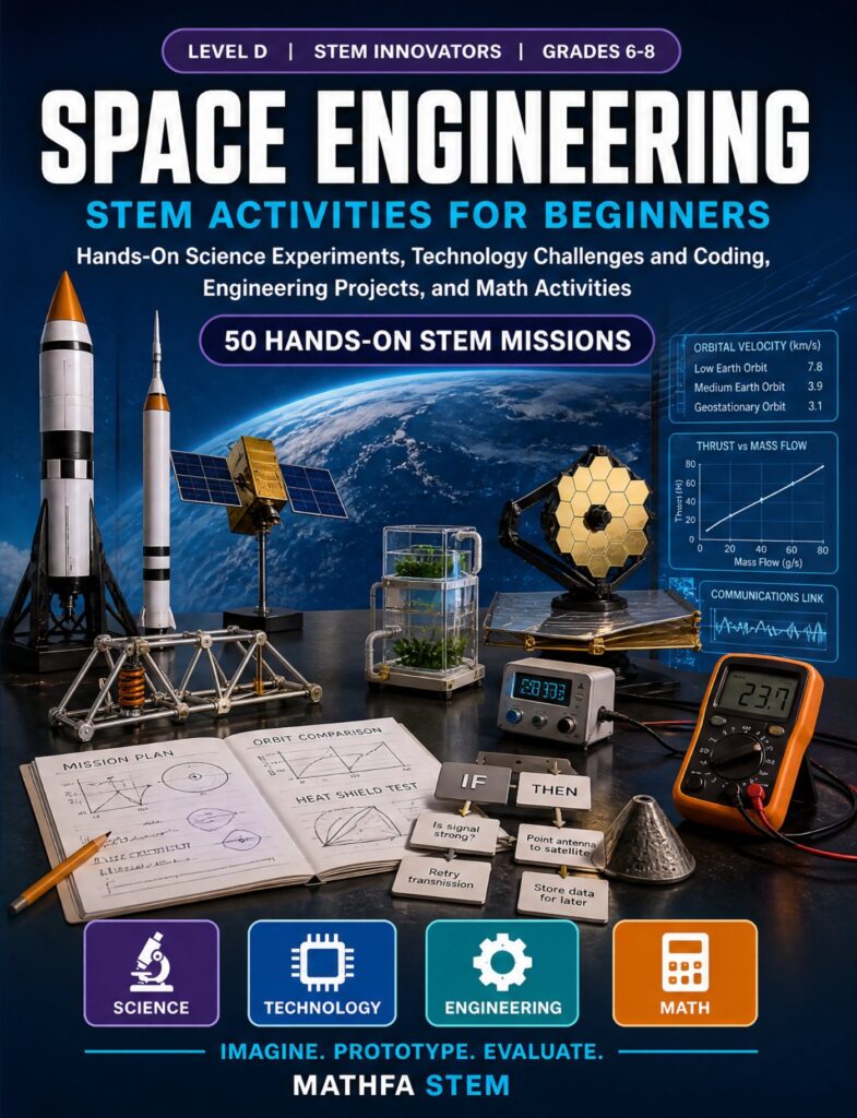 Space Engineering STEM Activities for Beginners — book cover, Level D Innovators, Grades 6–8, 50 hands-on STEM missions